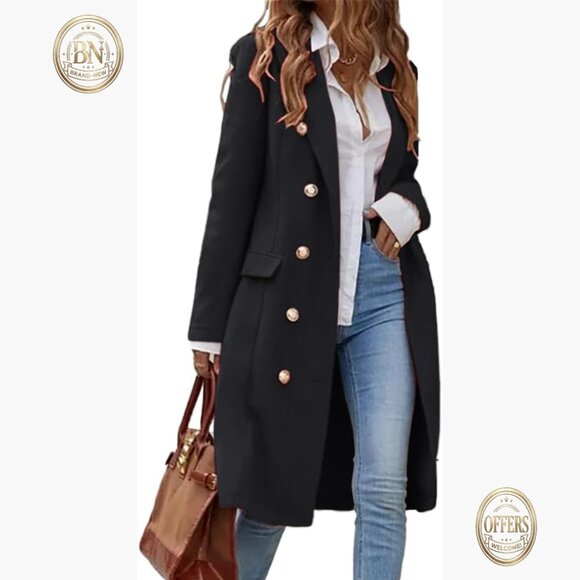 Long Wool Blend Pea Coat with Notch Collar Double Breasted Knee Length